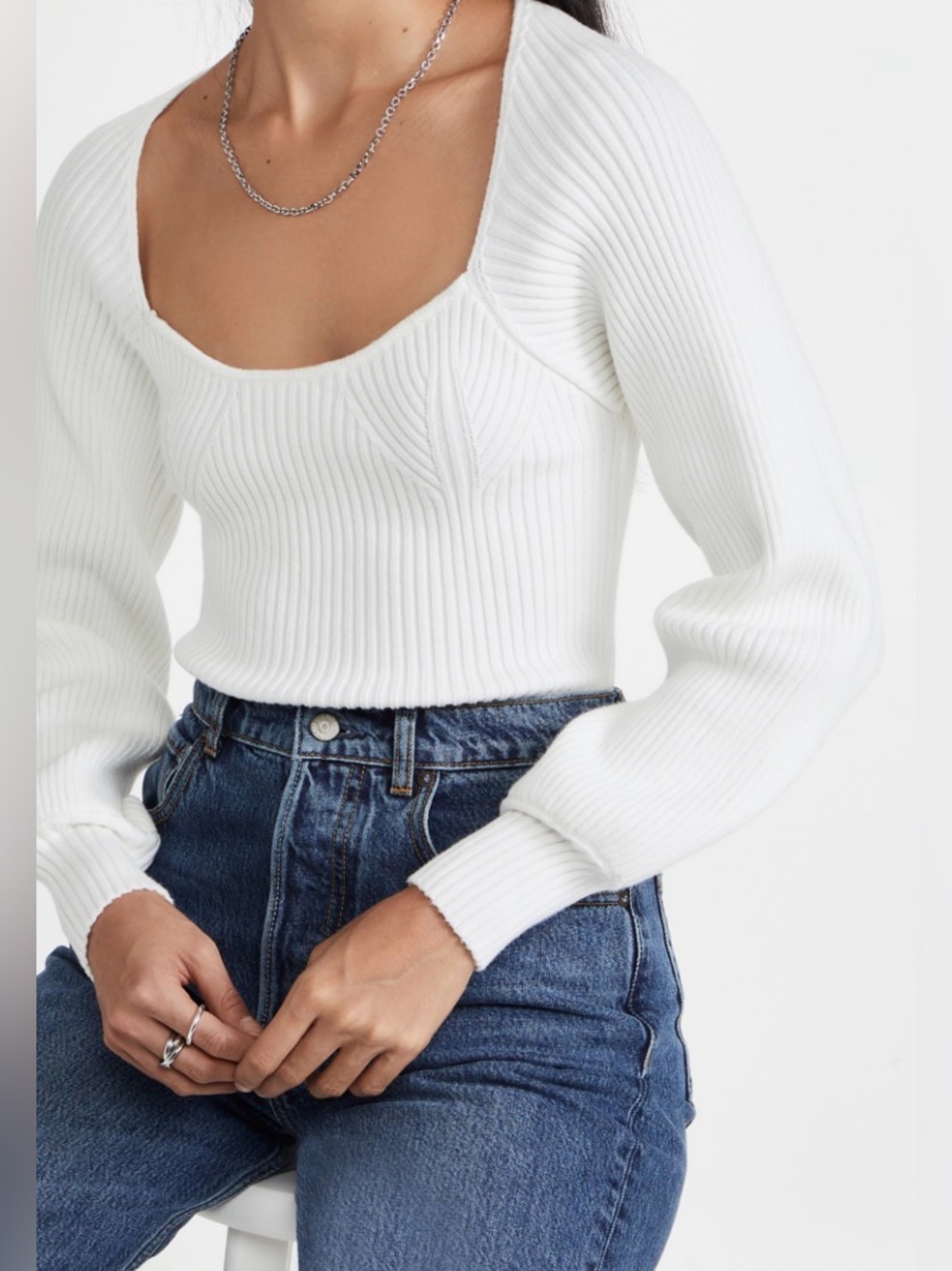 Endless Rose White Bishop Sleeve Ribbed Sweater